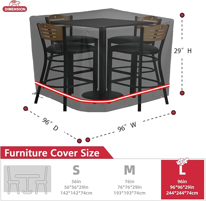 Turtle Life Patio Furniture Sets Cover, Heavy Duty Square Durable Waterproof Outdoor UV Resistant Anti-Fading Dining Table Chairs Furniture Cover, Black, 96"L x 96"W x 29"H