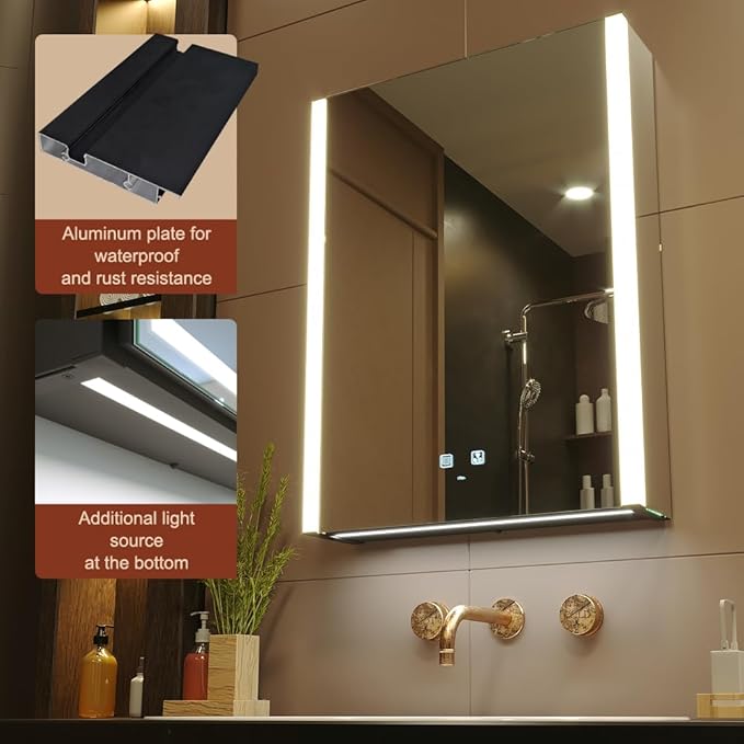 KWW LED Lighted Bathroom Medicine Cabinet with Sockets & USBs, Defogger, Dimmable, 3 Color Light Makeup Mirror, Easy to Install, Wall Mounted Cabinet (21.5 * 28)