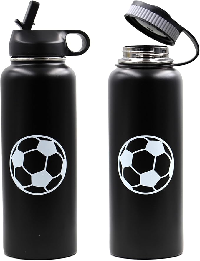 40 oz Soccer Water Bottle, Wide Mouth Travel Sports Flask with 2 Lids（Straw Lid+Flex Cap）BPA Free 18/8 Stainless Steel Double Wall Vacuum Insulated Water Bottles (40oz, Soccer)