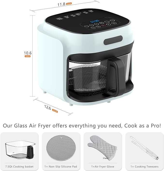 Glass Air Fryer, 7.6QT with Transparent Fry Bowl, Circulating Heating, Temperature Control, Air Fryer Roast, Dishwasher Safe (Green)