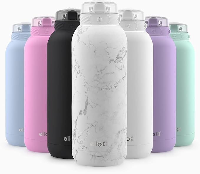 Ello Cooper 22oz Stainless Steel Water Bottle with Straw and Carry Handle, Double Walled and Vacuum Insulated Metal, Leak Proof Locking Lid with Soft Silicone Spout, Reusable, BPA Free, White Marble