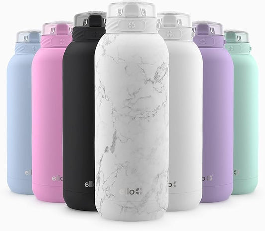Ello Cooper 40oz Stainless Steel Water Bottle with Straw and Carry Handle, Double Walled and Vacuum Insulated Metal, Leak Proof Locking Lid with Soft Silicone Spout, Reusable, BPA Free, White Marble