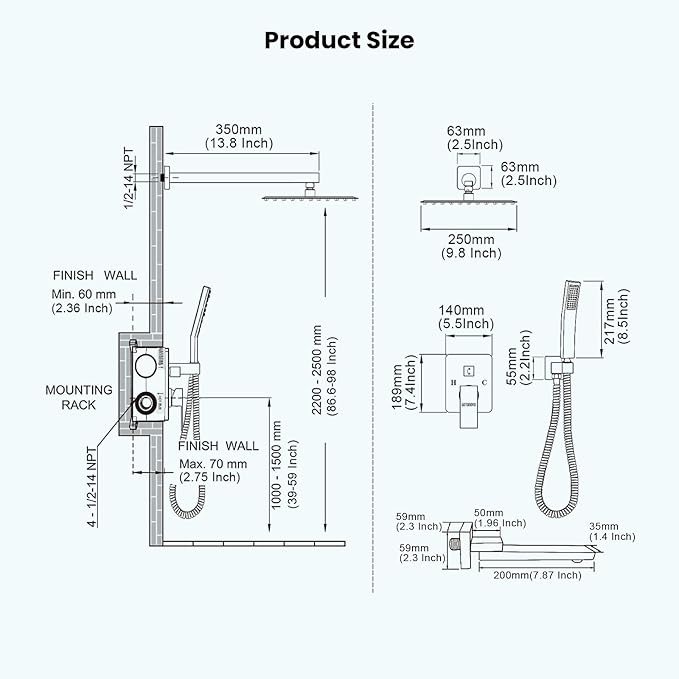 gotonovo Rainfall Tub Shower Faucet Set Bathroom Shower System with Tub Spout Wall Mount Square High Pressure Shower Fixtures with Handheld Sprayer Rough-In Valve 10'' Shower Head,Polished Chrome