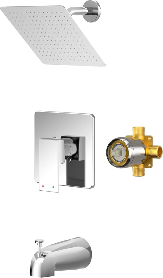 Alesco Shower Faucet Set, Chrome Tub Shower Faucet with 8-Inch Showerhead and Bathtub Spout, Showerhead and Handle Set Include Valve and Trim Kit, Polished Chrome