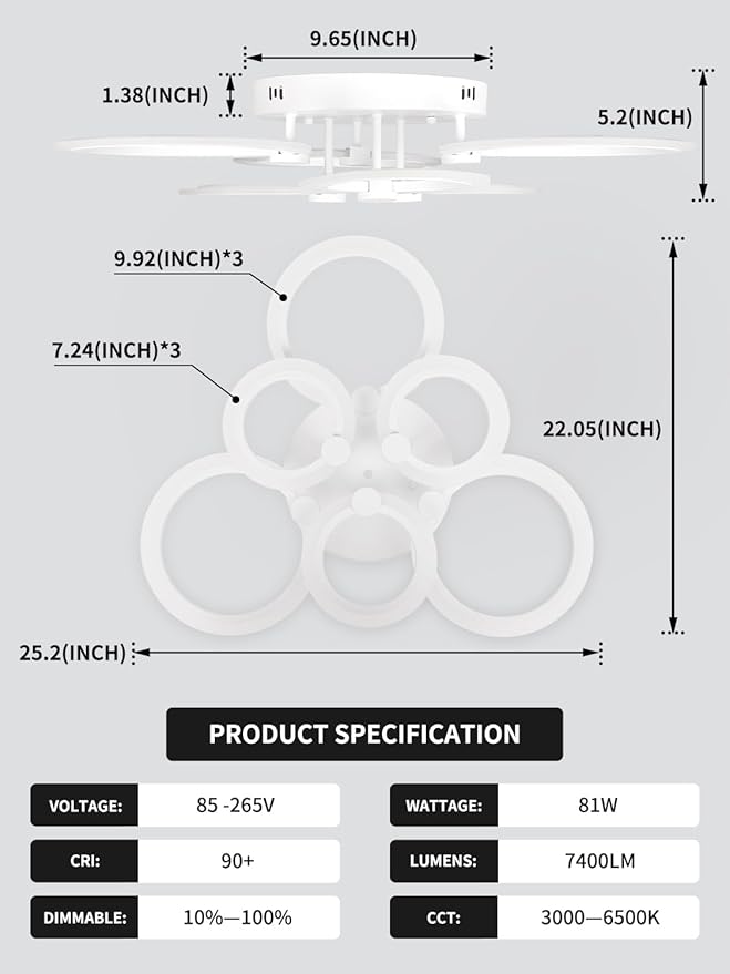 Modern LED Ceiling Light,Dimmable 3 Colors 6 Rings Flush Mount Ceiling Light Fixture,3000K-6500K 81W White Close to Ceiling Light with Remote for Living Room,Bedroom,Laundry Room