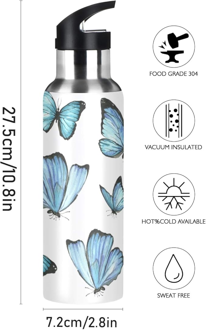 Qilmy Black and White Leopard Water Bottle Vacuum Insulated Stainless Steel Water Bottles with Straw Lid Leakproof Wide Mouth Water Flask for Fitness Outdoor Sports, 20 oz