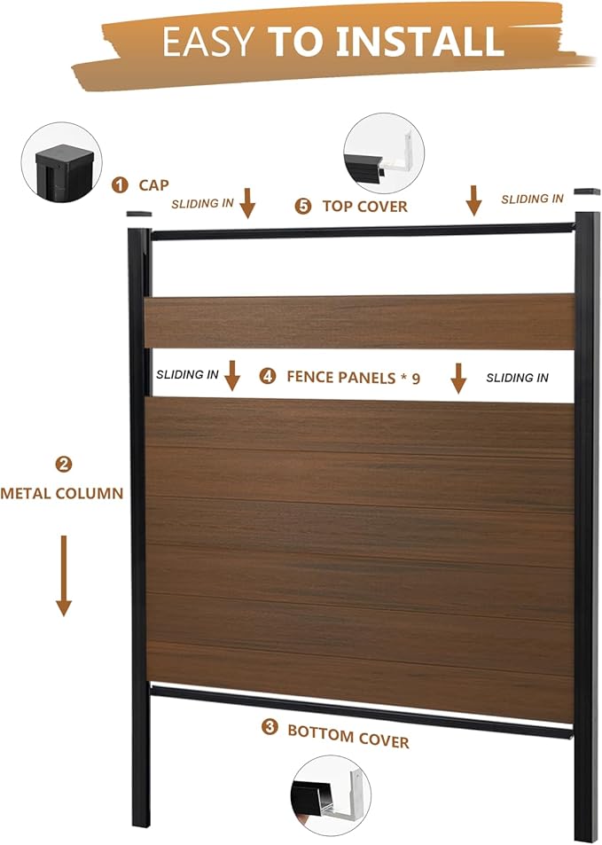 6 Feet×6 Feet Privacy Fence, Outdoor Wood Plastic Composite Fence Panel, Waterproof Security Barriers Fencing (Brown with One 7.6FT Post)