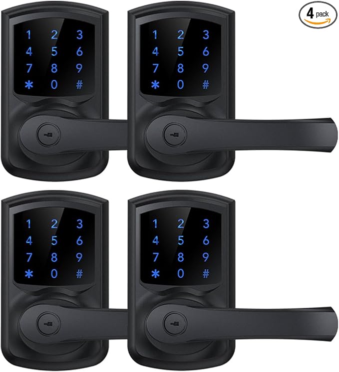 HIDALIFE Keyless Entry Door Lock with Keypad and Handle for Front Doors, Touchscreen, Anti-peep Password, Auto-Locking, Matte Black 4 Pack