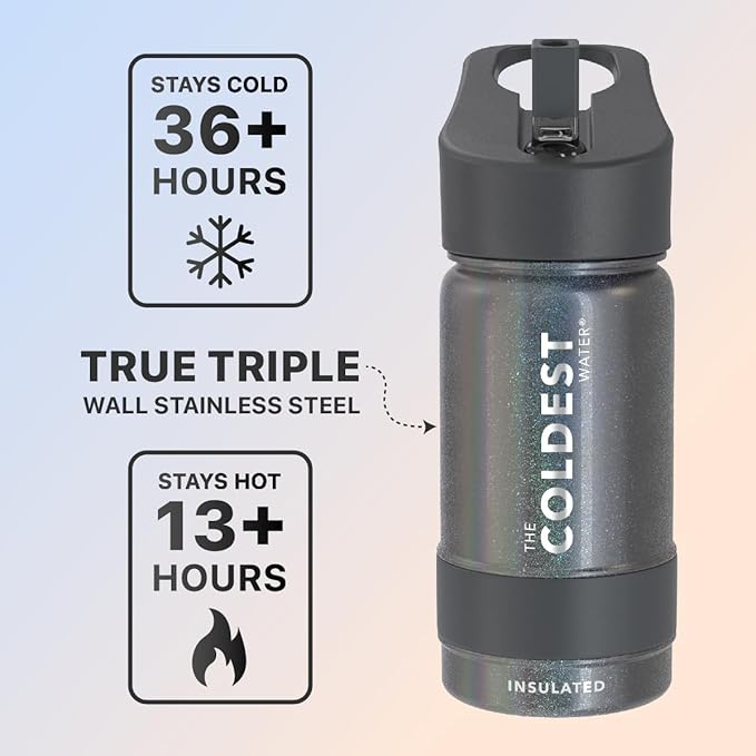 Coldest Sports Water Bottle - Straw Lid Bottle with Handle Leak Proof, Vacuum Insulated Stainless Steel, Double Walled, Thermo Mug, Metal | Stardust 14 oz