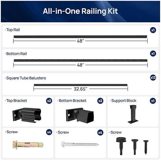 1 Pack 36 in. H x 6 ft. W Porch and Deck Railing Kit Without Post, Aluminum Stair Railing Kit, Black Textured Powder-Coat Finish Railing System for Concrete Steps or Wooden Stairs (1 Panel)