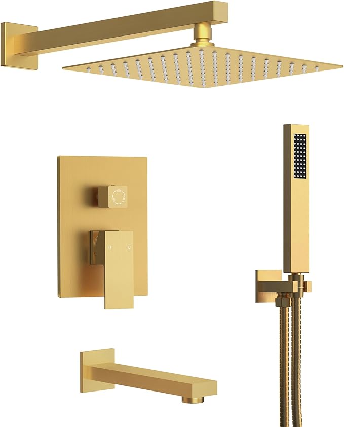 Shower Tub Faucet Set, 10" Bathroom Rainfall Shower Head Fixtures Combo with Handheld Spray and Tub Spout, Brushed gold