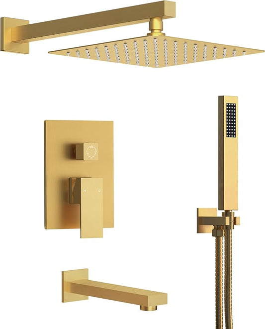 Shower Tub Faucet Set, 10" Bathroom Rainfall Shower Head Fixtures Combo with Handheld Spray and Tub Spout, Brushed gold