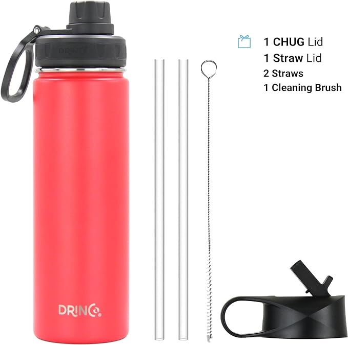 DRINCO Stainless Steel Water Bottle Spout Lid Vacuum Insulated Double Wall Water Bottle Wide Mouth (40oz 32oz 22oz 18oz 14oz) Leak Proof Keeps Cold or Hot (22 oz, 22oz Barn Red)
