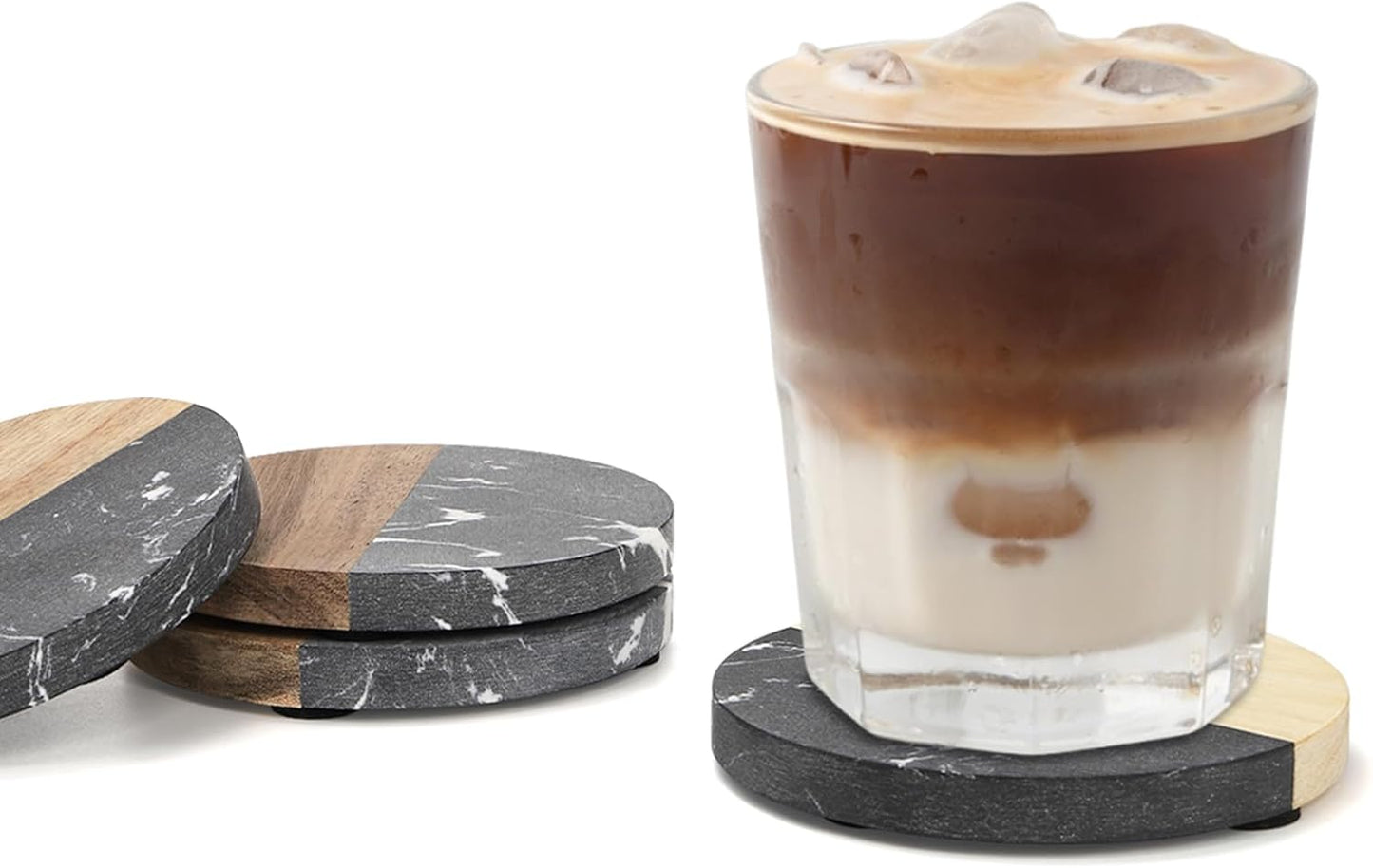 ZENFUN 6 Pc Black Marble Wood Coasters, Round Coaster, Handcrafted Artificial Marble Coasters Set for Your Drinks and Beverages, Tea, Coffee, Wine/Bar Glasses, Tabletop Protection Helper