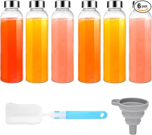 18 oz Glass Juice Bottles with Lids, Glass Juicing Bottles, Reusable Glass Water Bottles with Stainless Steel Airtight Cap for Refrigerator, BPA Free, Leak Proof, Eco-Friendly, Set of 6
