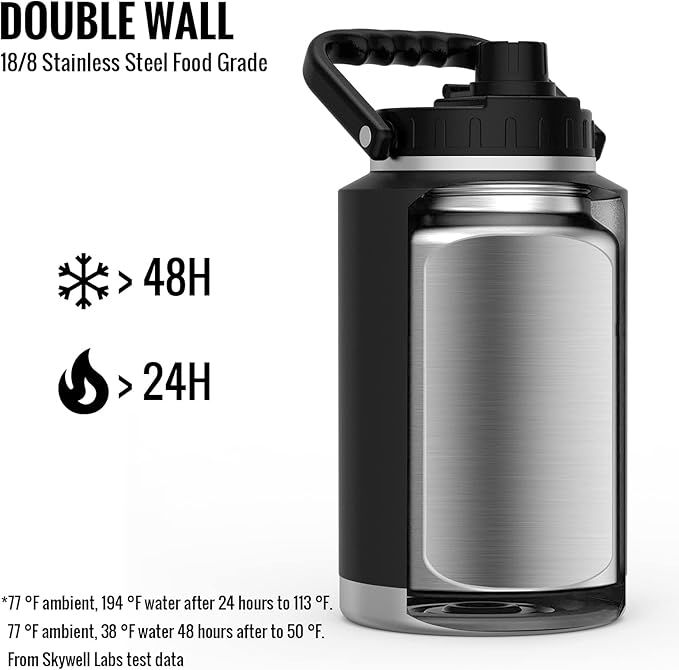 SkyWell 128 Oz Insulated Water Bottle Sleeve and Cup Kit Wide Mouth Water Flask Sweat-Proof and Leak-Proof 1 Gallon Stainless Steel Water Jug for Outdoors, Black Kit