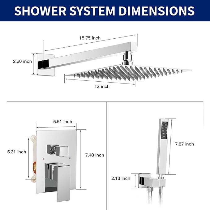 BWE 12 Inch Square Bathroom Luxury Rain Mixer Shower Combo Set Wall Mounted 2-Functions Rainfall Shower Head System Polished Chrome Shower Faucet Rough-in Valve Body and Trim Included