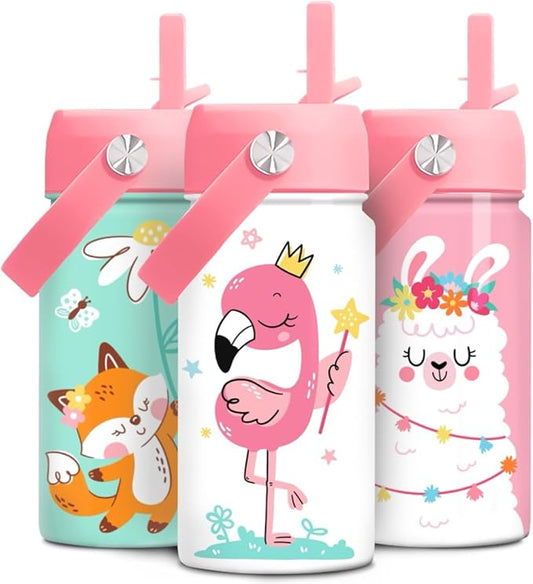 Flamingo Water Bottle - Kids Water Bottle with Straw Lid - 12 Oz Insulated Stainless Steel Water Bottles for Toddlers Kid Girls - Travel Cup for School Sports