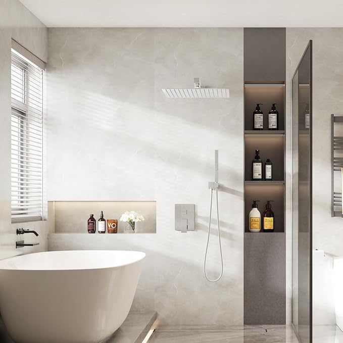 RUMOSE Polished Chrome Rainfall Shower System 12 Inch High Pressure Square Head with 2 in 1 Handheld Spray Wall Mount Brass Bathroom Shower Faucet Set with cUPC Certified Rough-in Valve