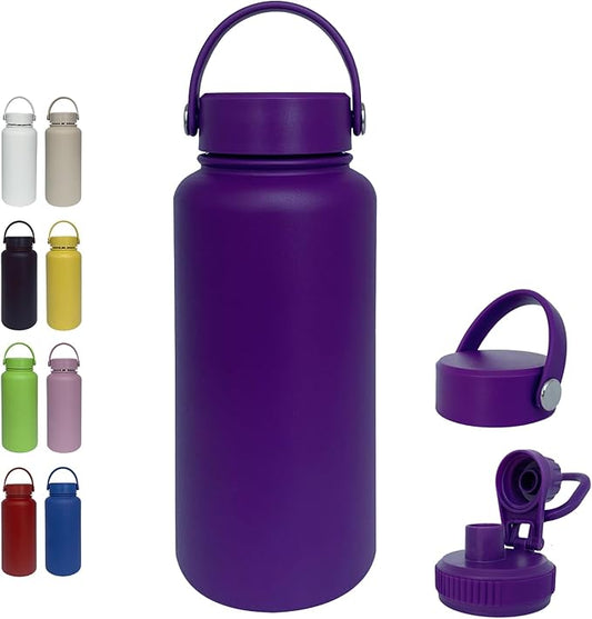 32oz Insulated Water Bottle ，Stainless Steel Sports Water Cup Flask with 2 Lids, Wide Mouth Travel Thermal Mug,Outdoor Sports Bottle（Purple）