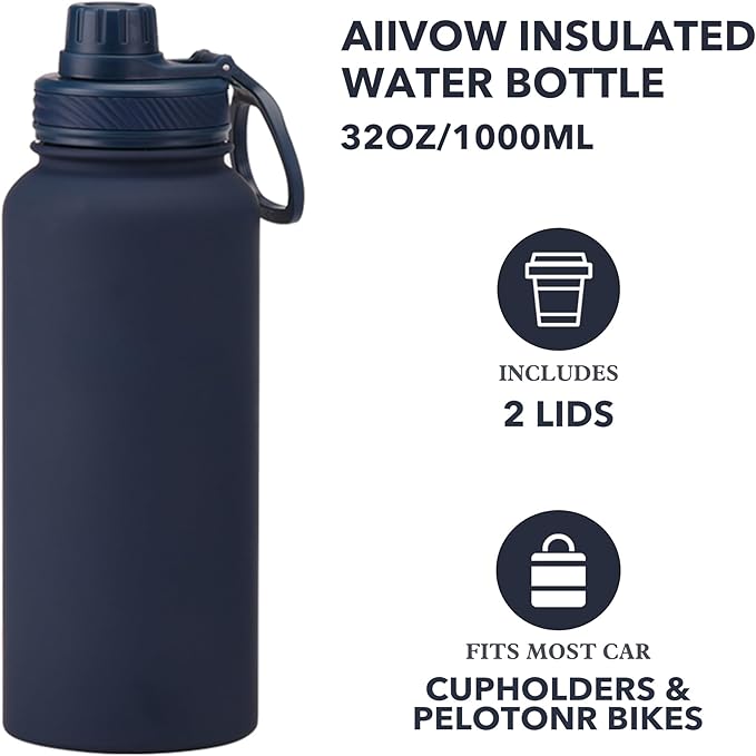 Navy 32 OZ Insulated Water Bottle, Large Metal Insulated Stainless Steel Water Flask, Big Sports Travel Water Bottle with 2 Lids, Insulated Thermos Thermal Mug Cup