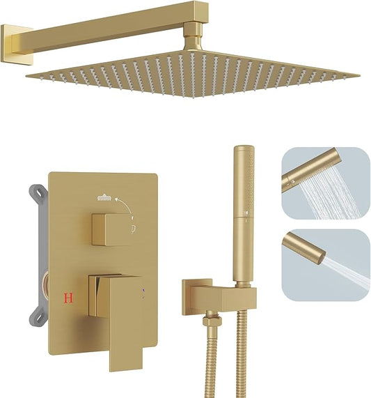 Hoimpro Shower System Set with 12 Inch Bathroom Rain Mixer Shower Head and Handheld Wall Mounted, Rainfall Shower Faucet Fixture Combo with High Pressure 2 in 1 Handheld Showerhead, Brushed Gold