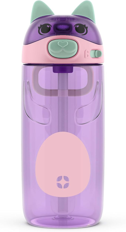 Ello Ellies 16oz Plastic Kids Water Bottle with Straw and Built-in Carrying Handle and Leak-Proof Locking Lid for School backpack, Lunchbox and Outdoor Sports