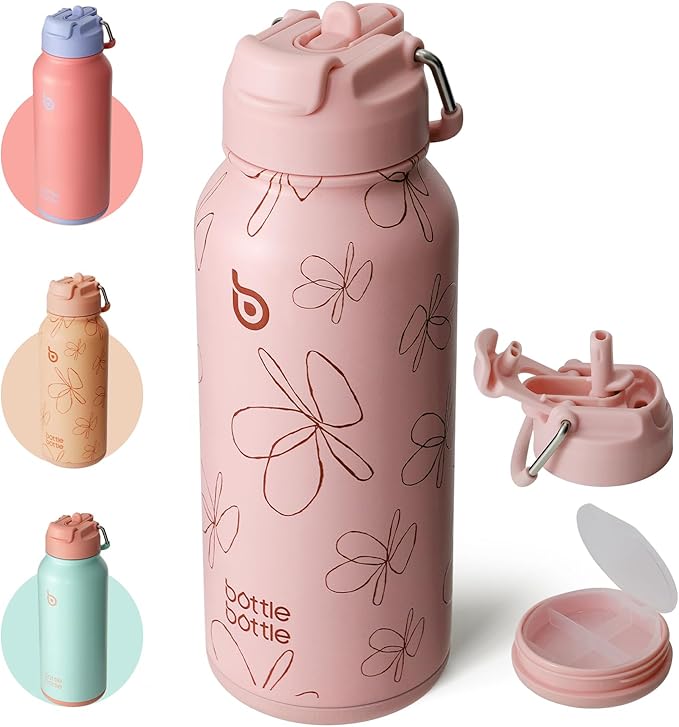 BOTTLE BOTTLE 32oz Insulated Water Bottle Stainless Steel Sport Water Bottle with Straw Dual-use Lid Design for Gym with Pill Box (pink flower)