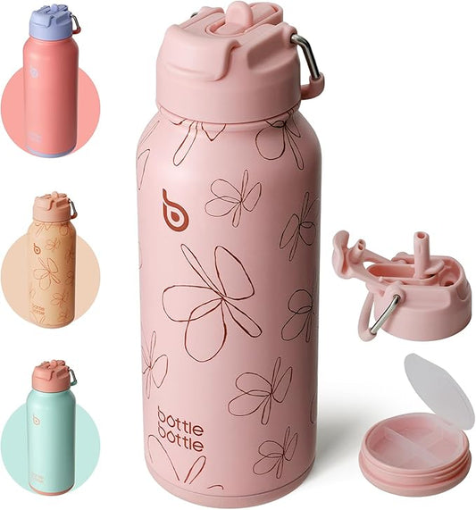 BOTTLE BOTTLE 32oz Insulated Water Bottle Stainless Steel Sport Water Bottle with Straw Dual-use Lid Design for Gym with Pill Box (pink flower)