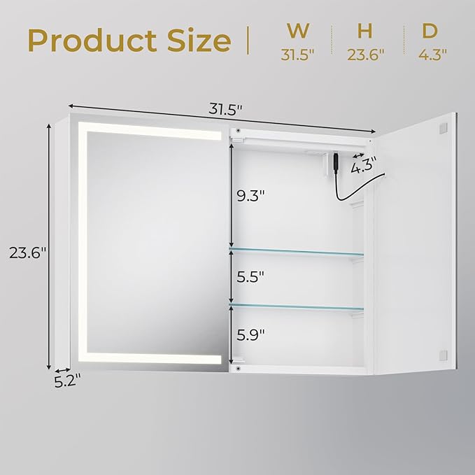DICTAC Bathroom Medicine Cabinet with Mirror and LED Light, Wall Mounted Bathroom Mirror with Storage, 2 Doors Bathroom Wall Cabinet, Memory Dimmable 3 Color Temp, Adjustable Shelves, 31.5''x23.6''