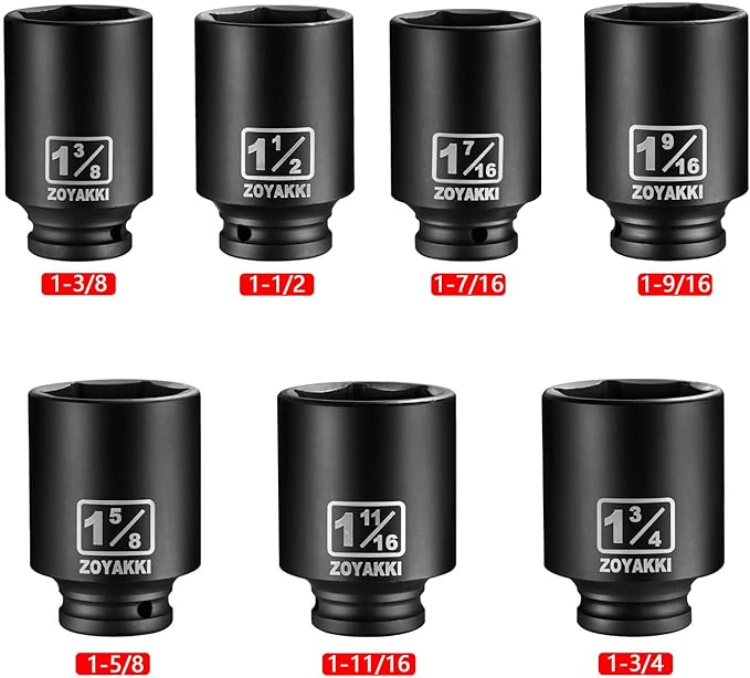 1/2" Drive Deep 6-Point Impact Socket Set,7 PCS Standard SAE (1-3/4 to 1-3/8inch) Spindle Axle Nut Impact Socket Set,Cr-Mo Alloy Steel for Auto Repair, Storage Case