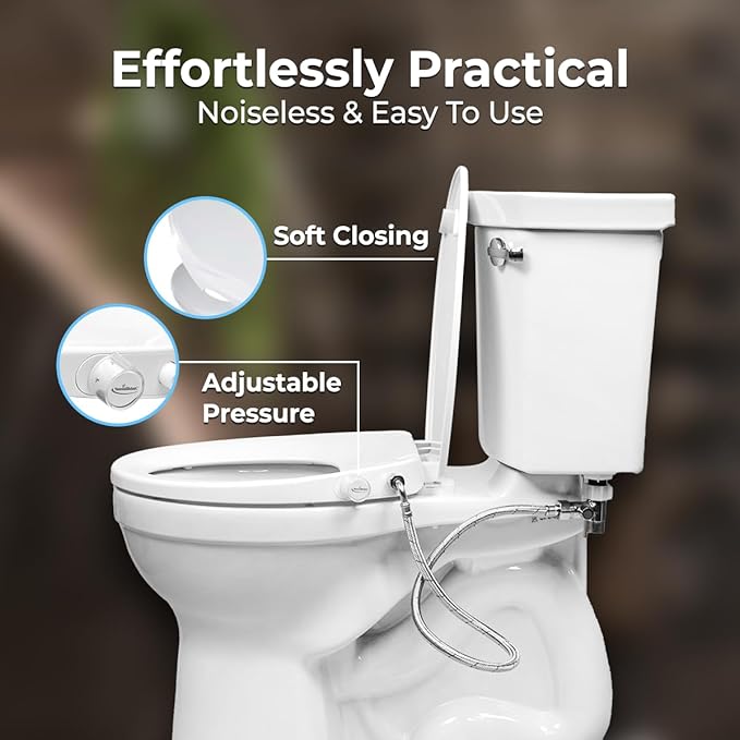 GenieBidet Slow-Close ELONGATED LEFT HAND Bidet. Dual Nozzles Self Cleaning. Adj. Water Pressure. No Wiring. If you can install a toilet seat you can install this. T adapter & Bottle Bidet included.