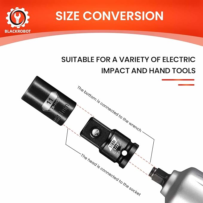 BLACKROBOT 1/2”F To 3/4”M Impact Socket Adapter, Cr-Mo Steel Exceeds ANSI Standards, Square Drive Reducer for Impact Driver Wrench