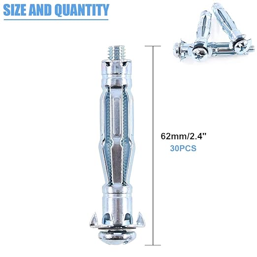 Glarks 30Pcs 6x52MM Heavy Duty Zinc Plated Steel Molly Bolt Hollow Drive Wall Anchor Screws Set for Drywall, Plaster and Tile (M6x52)