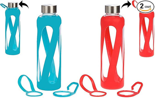 1, 2, 3, 4- PACKS - 20 oz Leak Proof, Reusable Pure Borosilicate Tempered Glass Water Bottle, Non-Slip Silicone Sleeve, 2 Attachments: Loop and Hook, Free of BPA, BPS, BPF, PVC, Phthalates