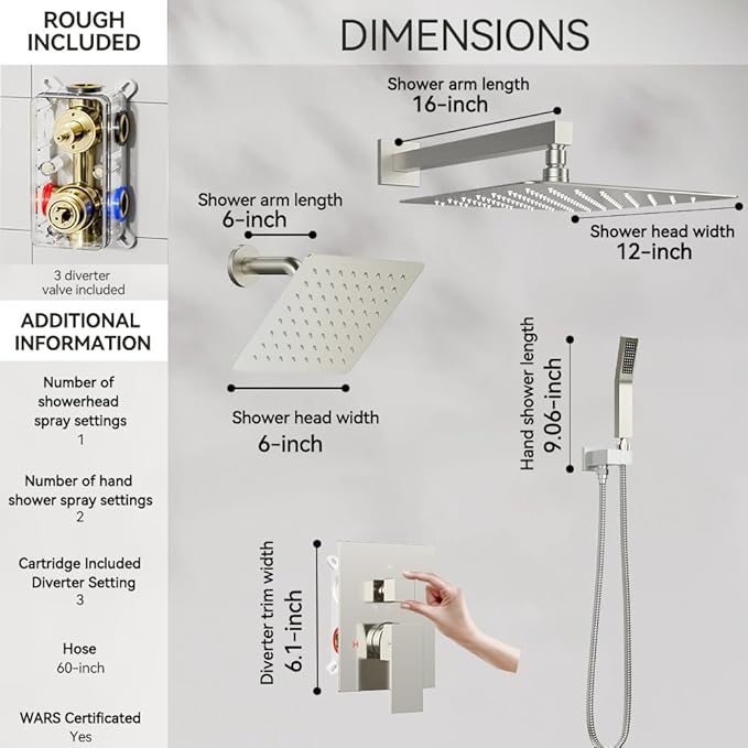Shower Faucet Set Brushed Nickel Shower System, STARBATH 12+6" Double Rain Shower Head and Handheld Spray for Two Person, Wall Mounted 3 Way Shower Valve with 5 Diverter and Trim Kit Complete