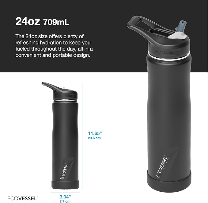 EcoVessel Summit, Insulated Stainless Steel Water Bottle with Straw and Handle Flip Top Lid and Silicone Bottle Bumper – 24 ounces (Winter Storm)