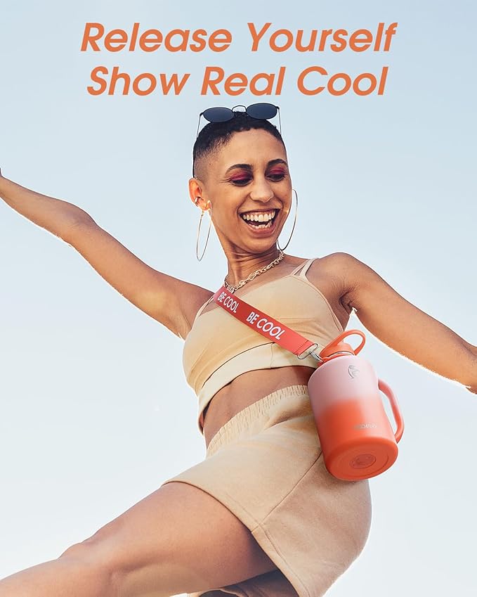 64oz Insulated Water Bottle, Coolflask Half Gallon Water Jug With Handle Straw Stainless Steel Double-Walled Vacuum Metal Large Flask With Strap Bpa-Free Leakproof, Keep Cold 48 Hrs, Sunny Orange