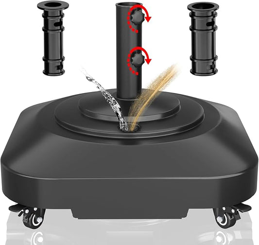 Patio Umbrella Base with 5 Wheels, Umbrella Stand Heavy Duty 145lb Fillable Umbrella Holder Mobile Square Market Stand for Outdoor, Deck, Poolside, Lawn, Fits Muti Sized Umbrellas (21in)