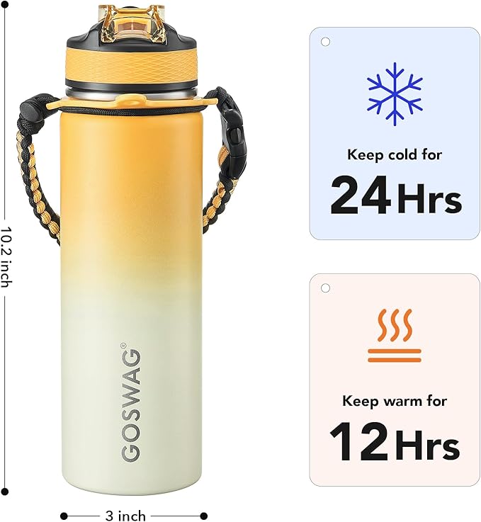 GOSWAG Insulated Sports Water Bottle, 24oz 2 Lids(with Straw/No Straw), Stainless Steel Water Bottles with Paracord Handle, Insulated Thermos with Double-Wall Vacuum Insulation