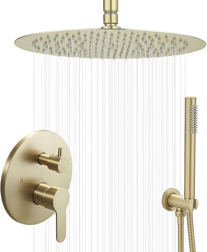 Brushed Gold Ceiling Mount Round Rain Shower System with 16 Inch Shower Head and Handheld Bathroom Shower Set Contain Shower Faucet Trim Kit (Mixer Valve Included)