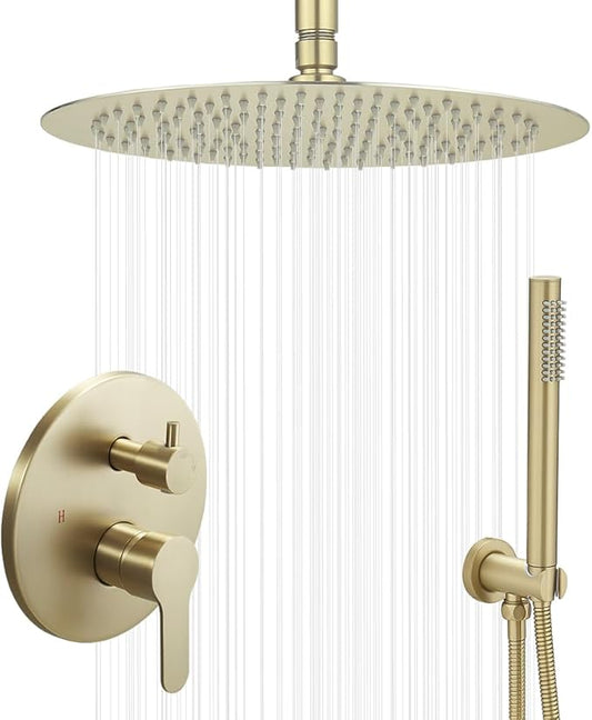 Brushed Gold Ceiling Mount Round Rain Shower System with 16 Inch Shower Head and Handheld Bathroom Shower Set Contain Shower Faucet Trim Kit (Mixer Valve Included)
