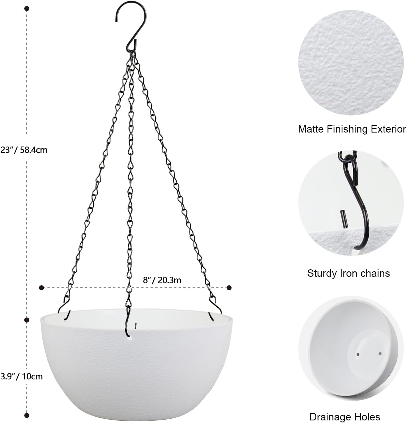 8 inch Small Hanging Planters for Indoor Outdoor Plants, 2 Pack Hanging Flower Pots with Drainage Holes and Chain for Garden Porch Plants, Plastic Hanging Baskets for House Plants, White