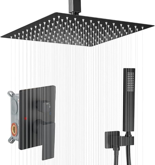 16 Inch Ceiling Mount Matte Black Shower System Bathroom Luxury Rain Mixer Shower Combo Set Ceiling Rainfall Shower Head System (Contain Shower Faucet Rough-in Valve Body and Trim)