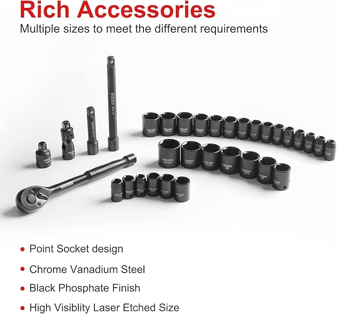Impact Socket Set, 33-Piece, 3/8" Drive Socket Set with 72 Teeth Reversible Ratchet Wrench, CR-V, 6 Point, SAE/Metric, 5/16 Inch - 7/8 Inch, 6mm - 24mm, Mechanic Tool Kits for Men