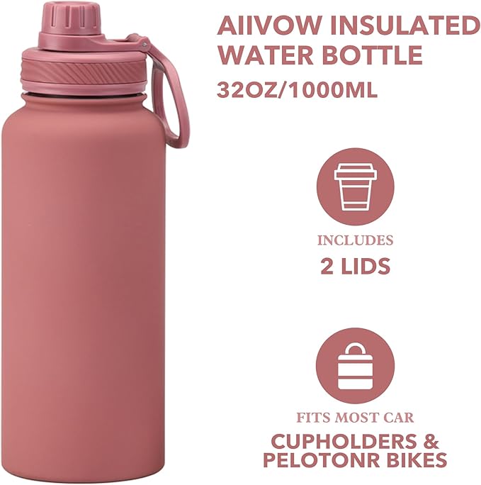 Smoky Pink 32 OZ Insulated Water Bottle, Large Metal Insulated Stainless Steel Water Flask, Big Sports Travel Water Bottle with 2 Lids, Insulated Thermos Thermal Mug Cup