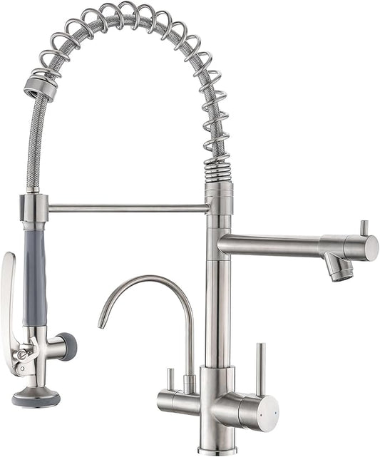 Fapully Commercial 3 Way Kitchen Faucets with Pull Down Sprayer and Water Filler,3 in 1 Kitchen Sink Faucet with Drinking Water Faucet Brushed Nickel