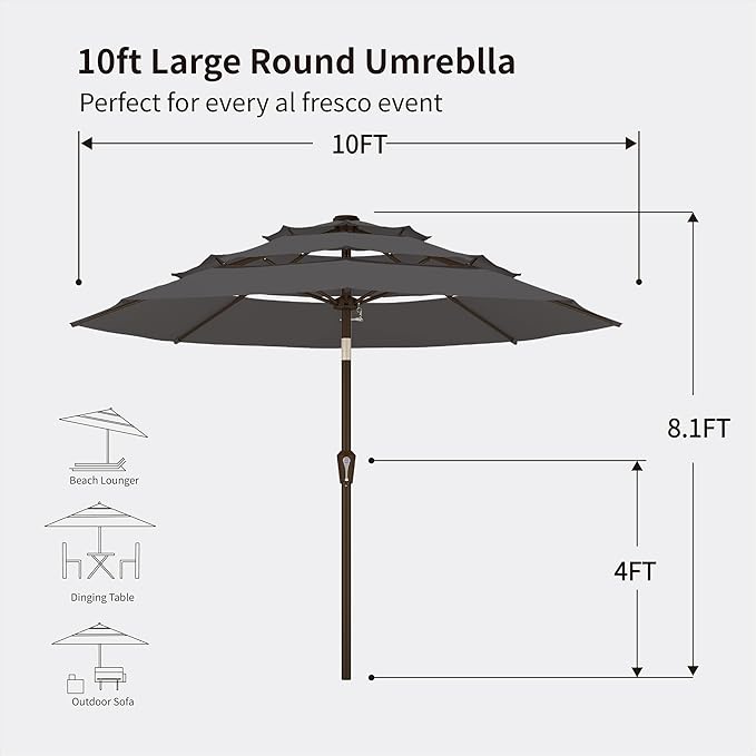 Kingdura 9ft 3-Tier Patio Umbrella, Outdoor Table Umbrella with Easy Crank & Tilt, 8 Reinforced Ribs, UV Protection for Deck, Pool, Market, Backyard (Grey)