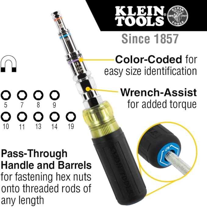 Klein Tools 32809MAGM 11-in-1 Multi-Nut Driver Tool, Magnetic Pass-Through Driver with Metric Hex Nut Sizes 5mm to 19mm