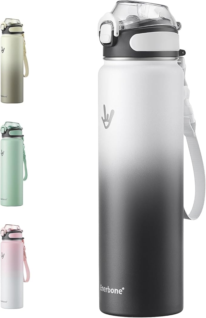 Enerbone Insulated Water Bottle, 32 oz Stainless Steel Water Bottles with Carrying Strap, Double-Wall Vacuum Insulation Thermos, Leakproof Sports Bottle with Straw, Keep Drinks Hot or Cold for Hours